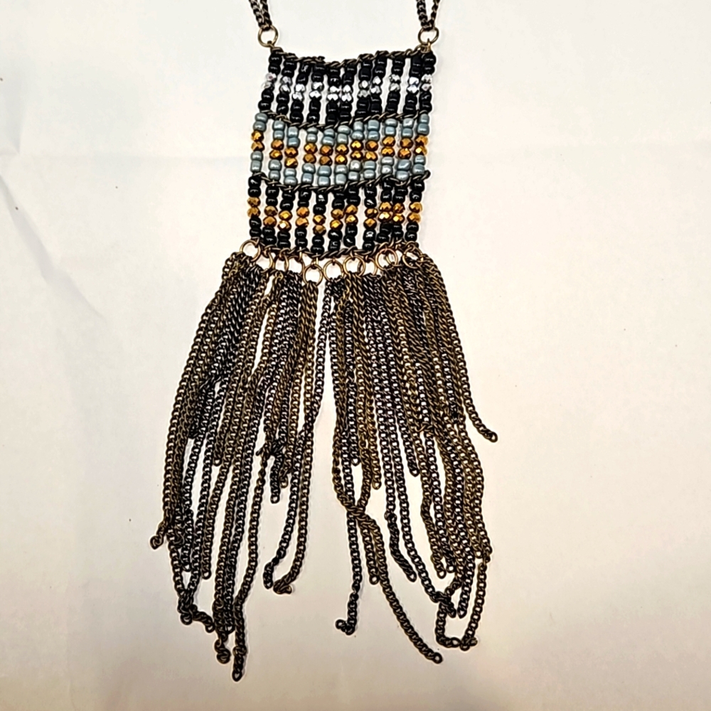 Brass statement ladder bogo tassle double strand necklace